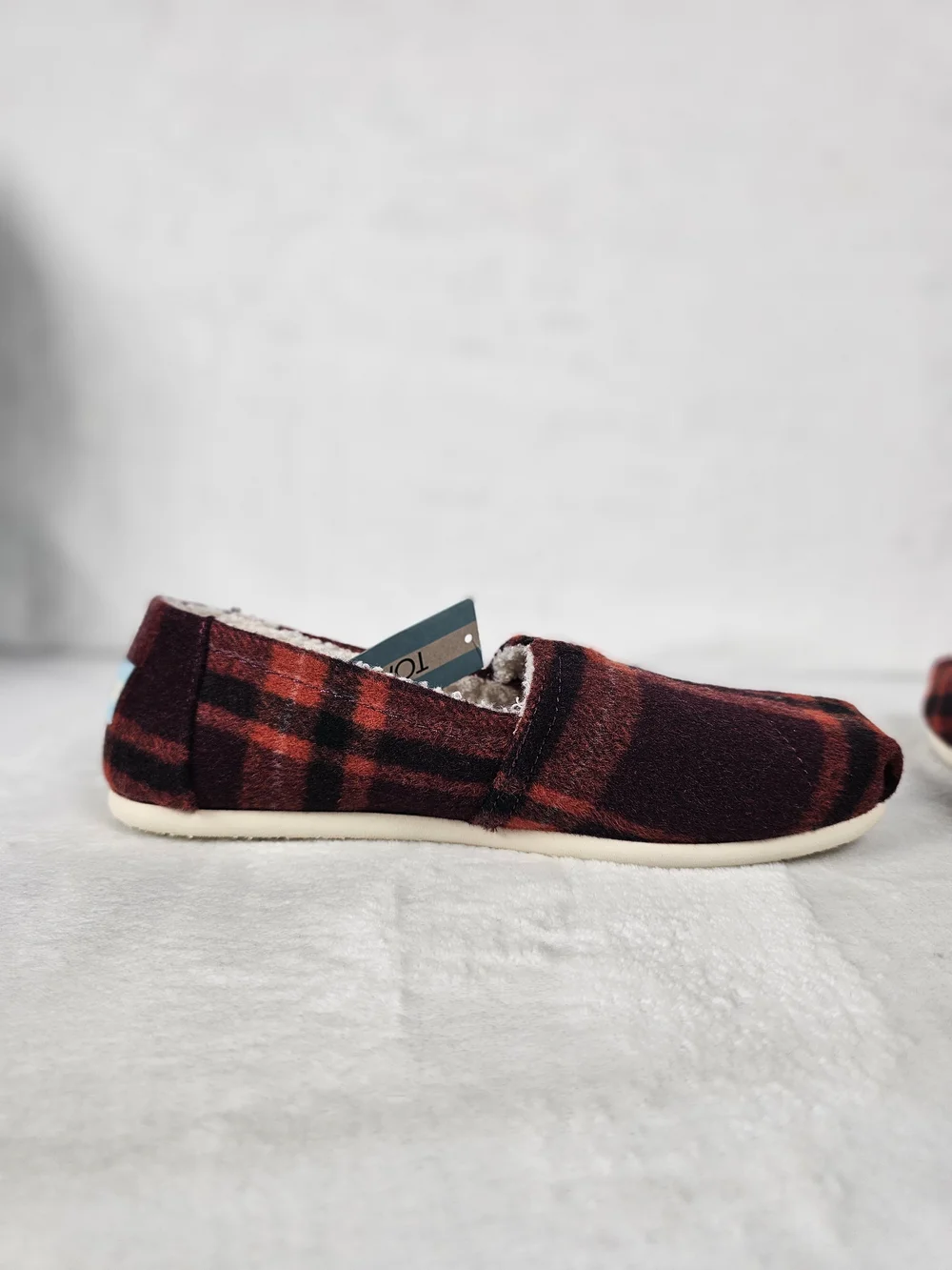 TOMS Alpargata Flat Wool Red Plaid Women's 7.5 Faux Fur Slip On Shoes Boho Cute